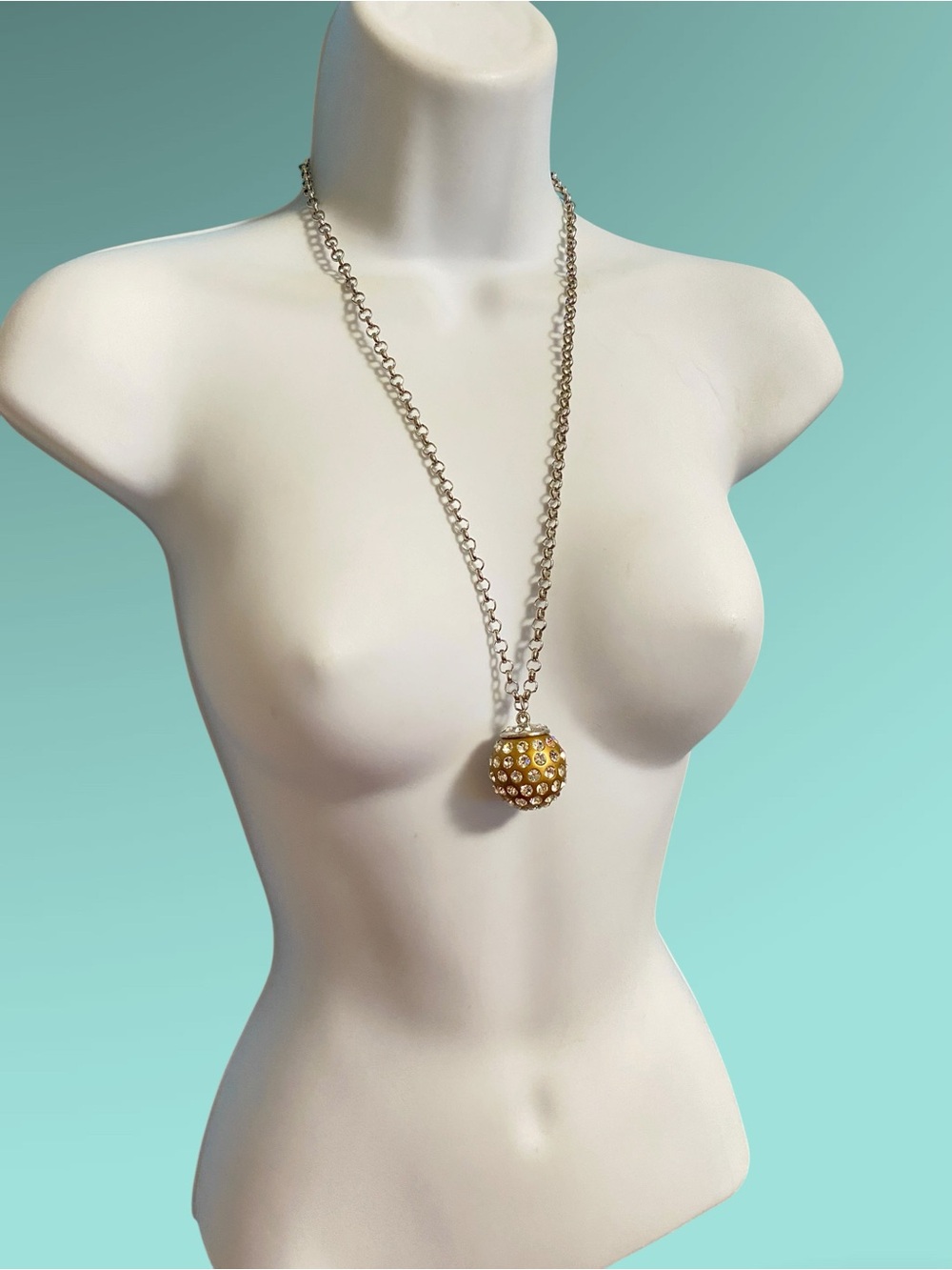 Gold Disco Ball With Rhinestones Pendant Silver Tone Chain Necklace - Picture 10 of 10